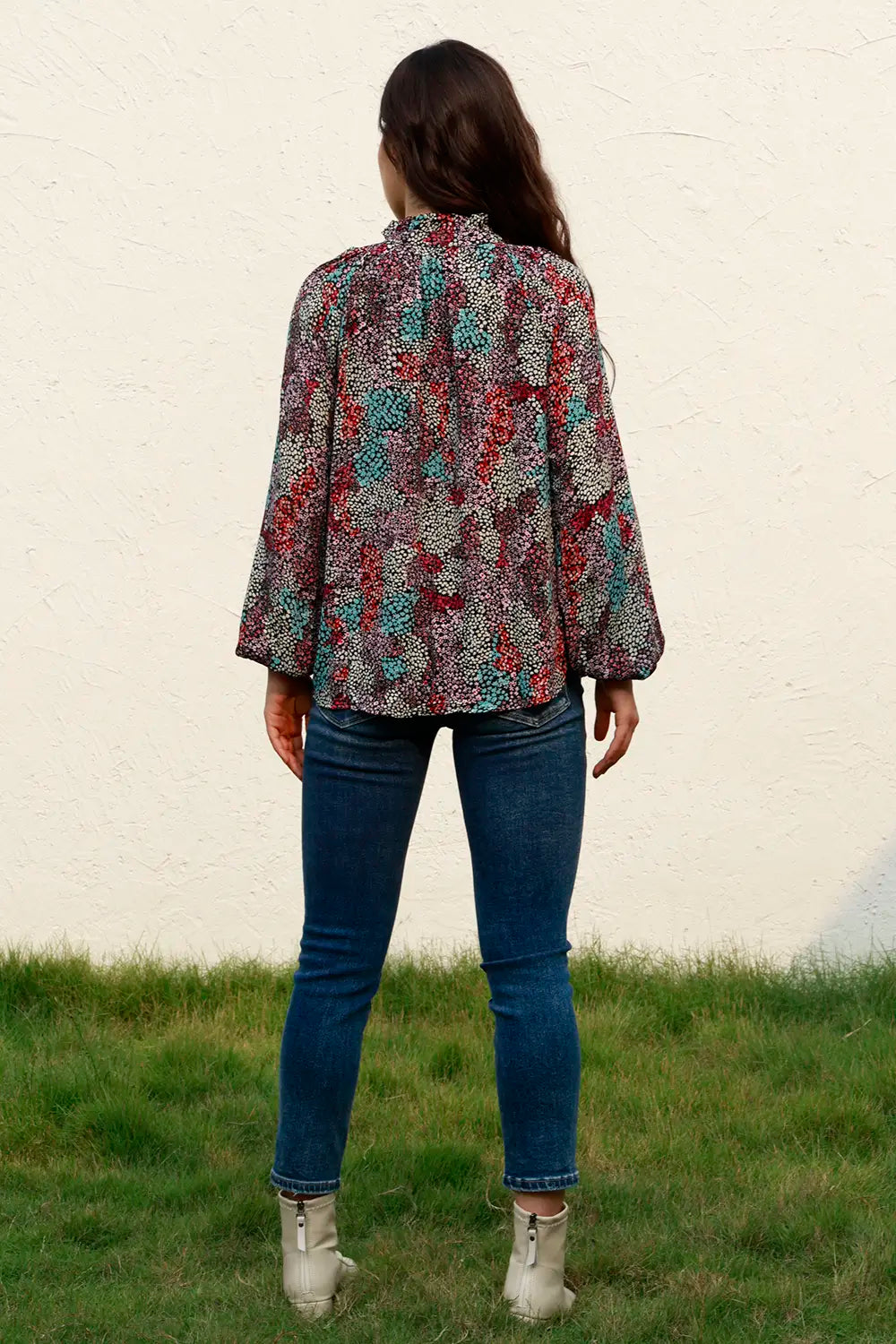 Trendsi Tie Neck Heathered Balloon Sleeve Blouse