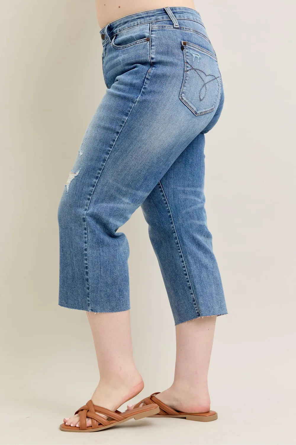 Judy Blue Plus Size High Waist Back Destroy & Raw Cut Hem Crop Wide Easy Apparels