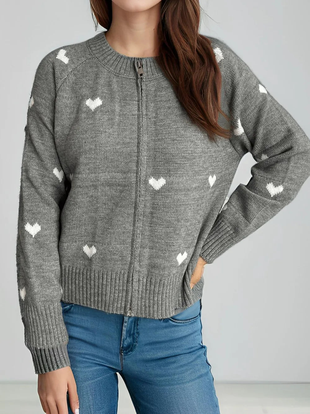 Heart Round Neck Zip Up Cardigan Easy Apparels