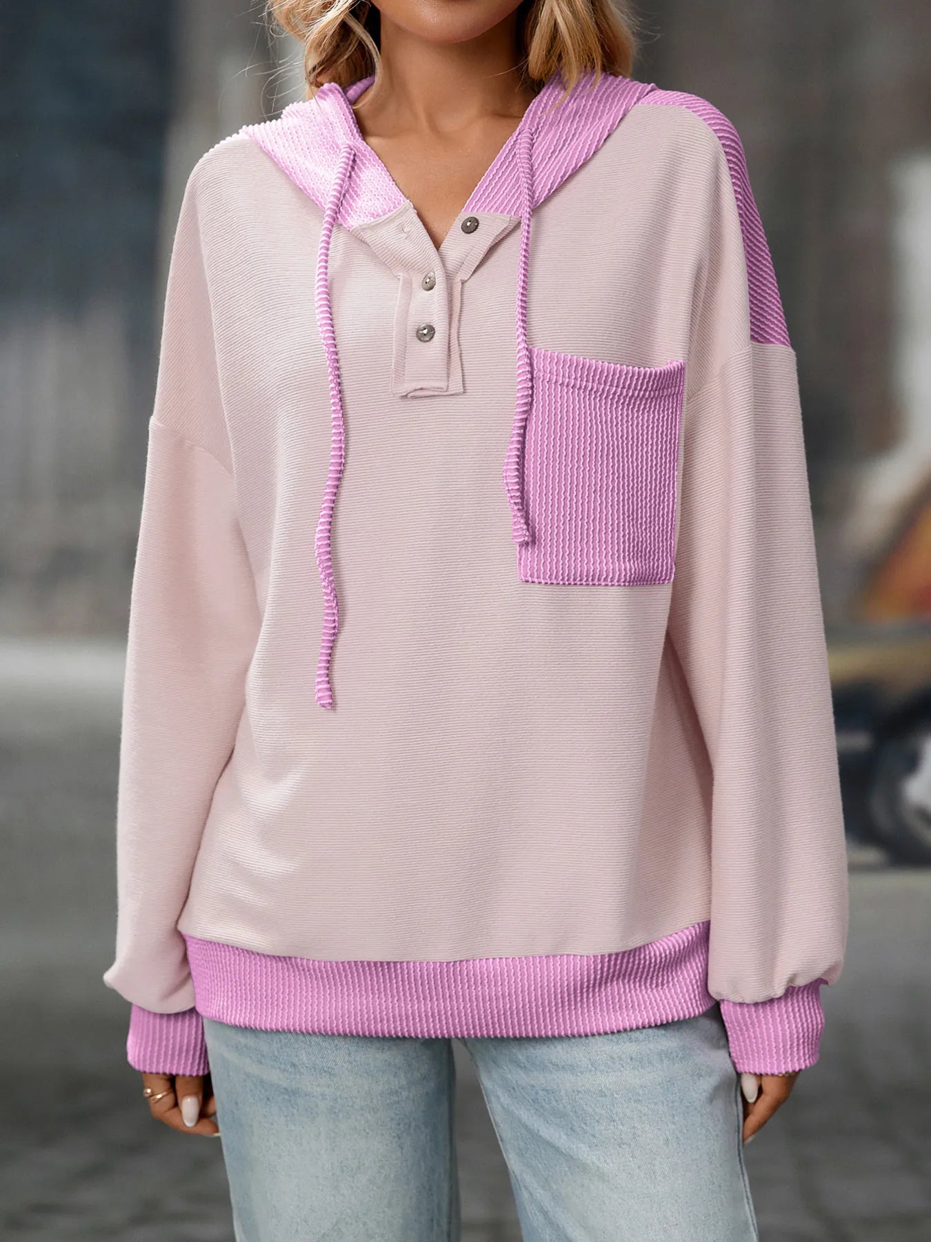 Trendsi Drawstring Button Detail Long Sleeve Hoodie