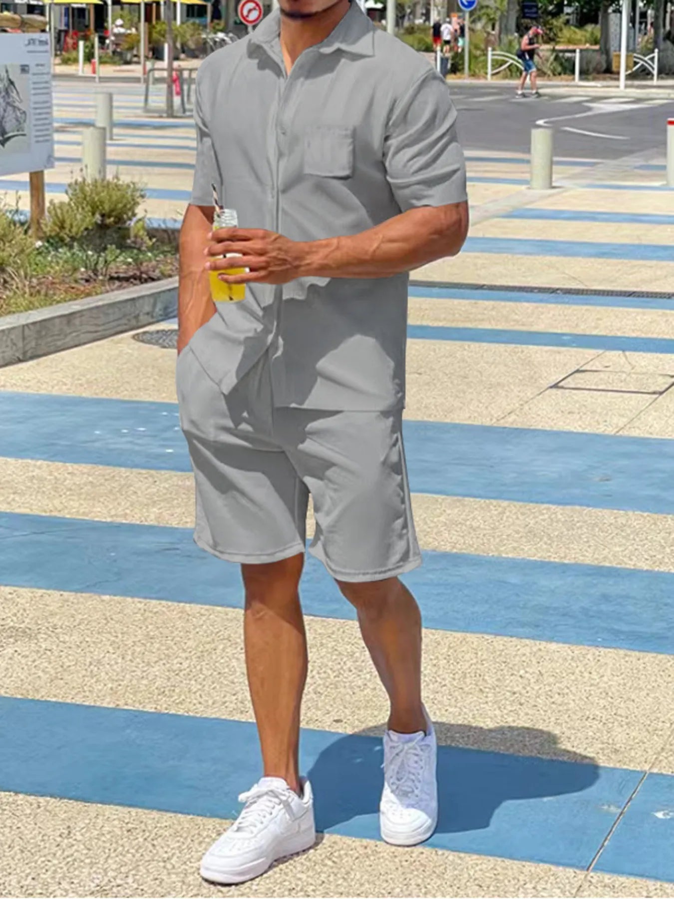 Men's Plus Size Button Up Shirt and Shorts Set Light Gray Easy Apparels
