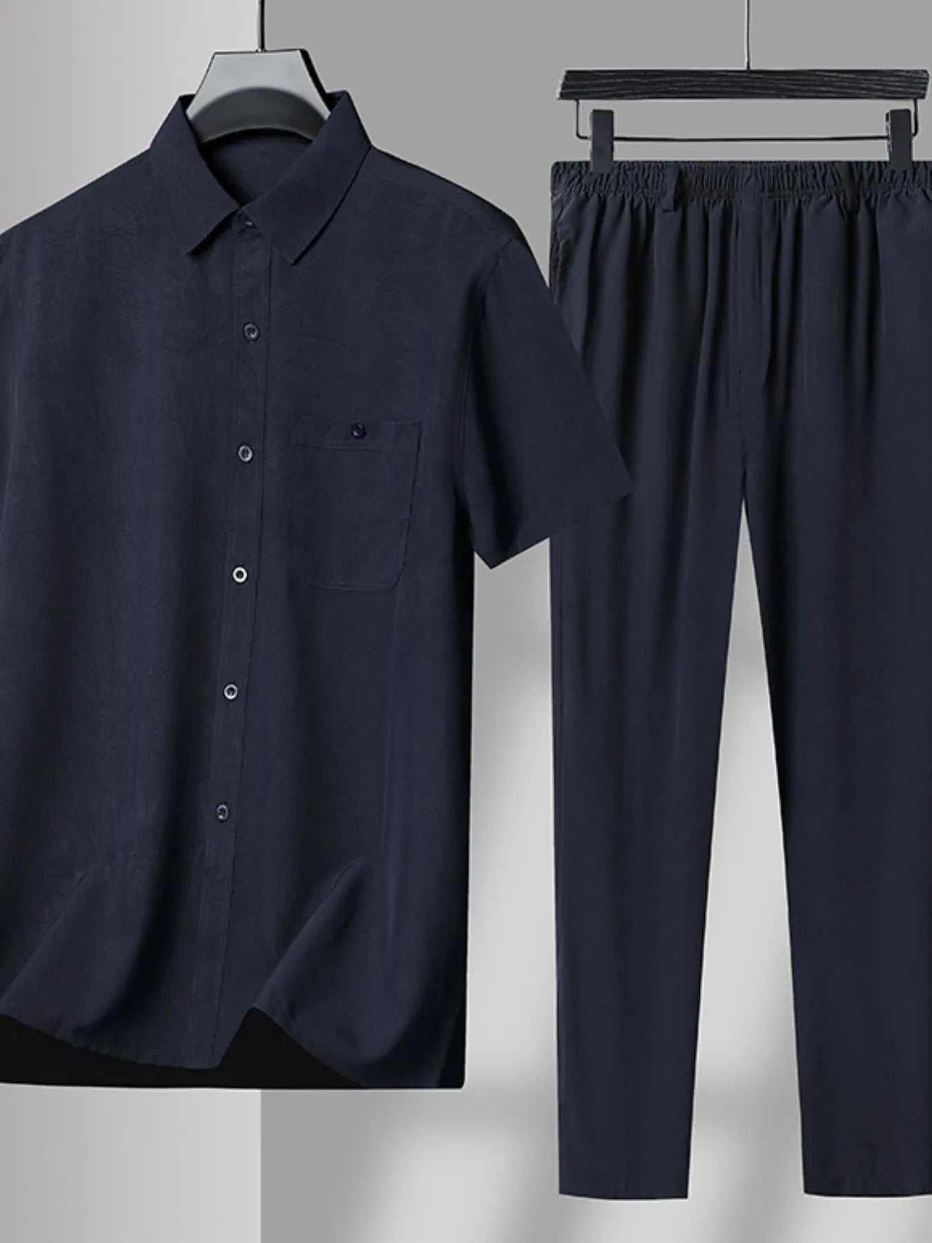 Men's Plus Size Button Up Short Sleeve Shirt and Pants Set Navy Easy Apparels