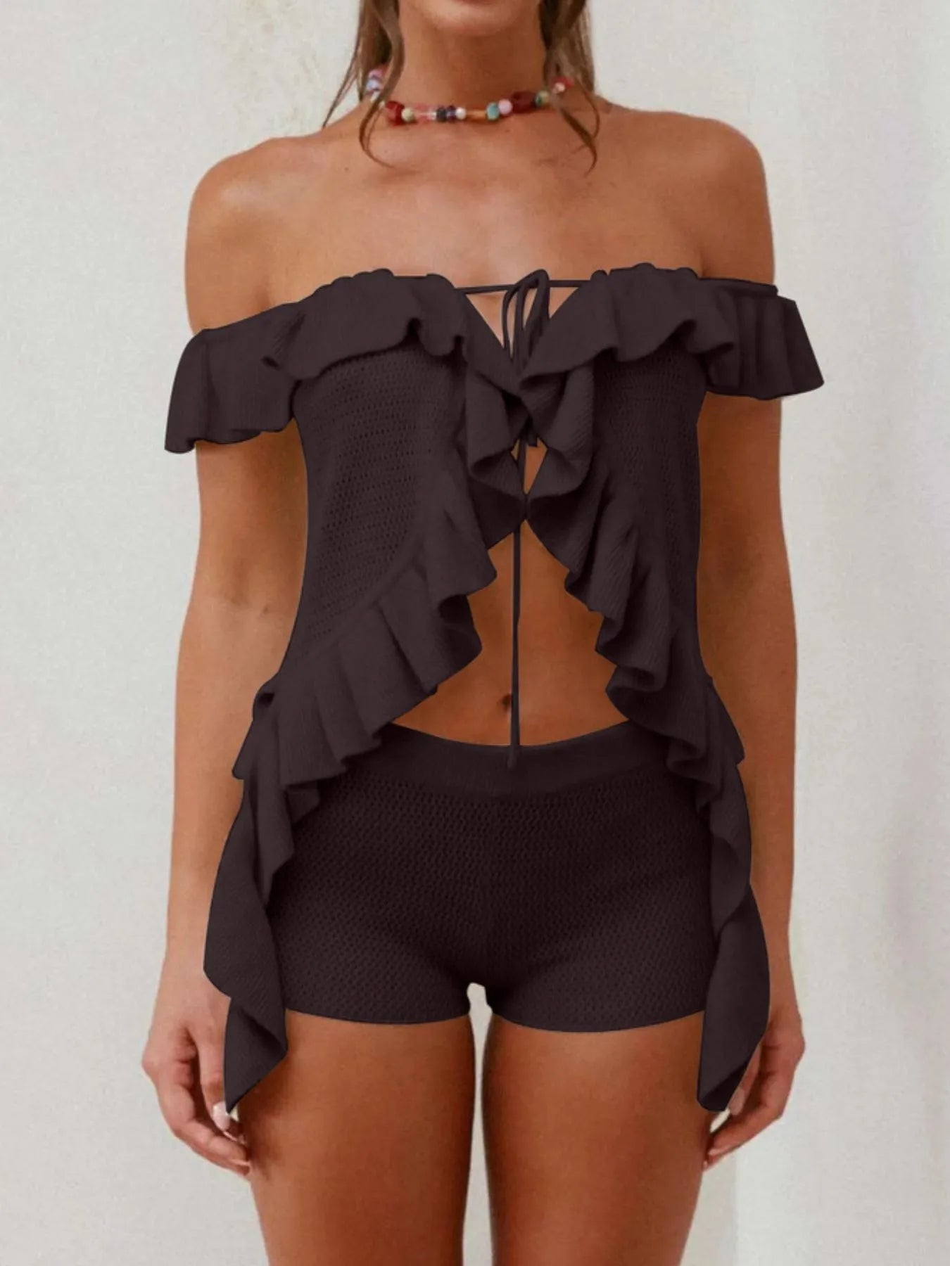 Off-Shoulder Ruffle Top and Shorts Sweater Set Easy Apparels