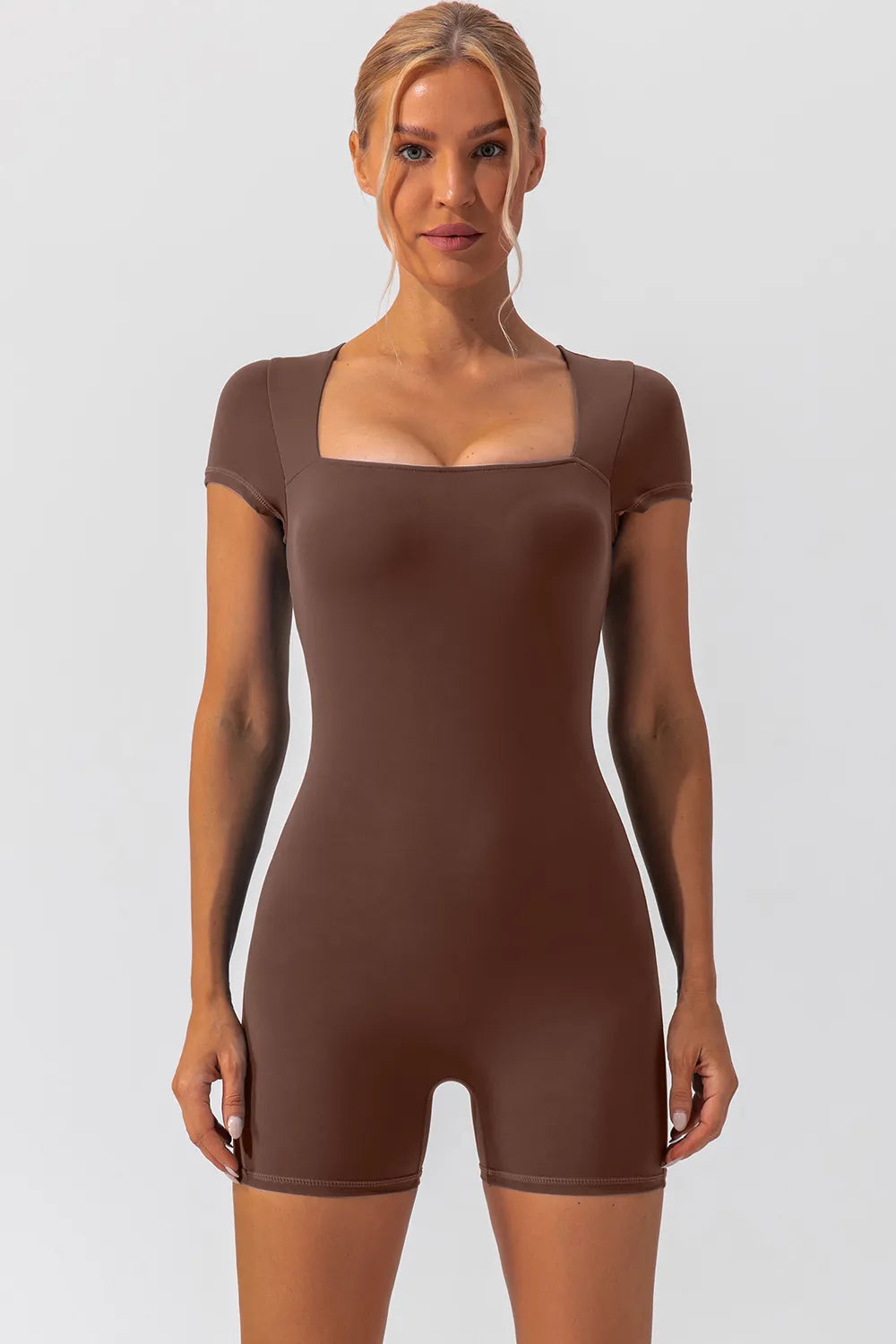 Square Neck Cap Sleeve Active Romper Brown Easy Apparels