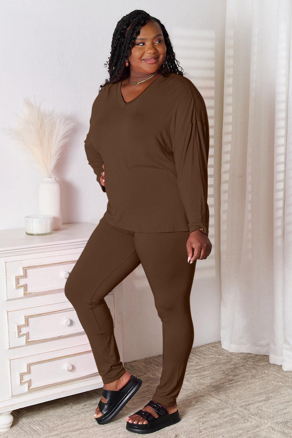 Basic Bae Full Size V-Neck Soft Rayon Long Sleeve Top and Pants Lounge Set Chocolate Easy Apparels