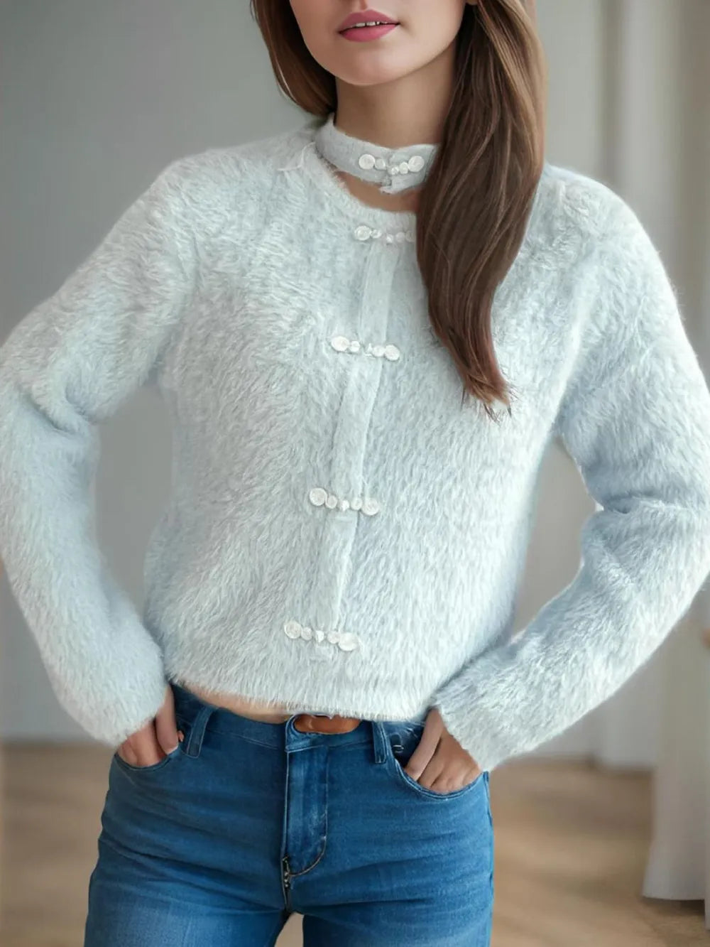 Cutout Knot Button Long Sleeve Cardigan Easy Apparels