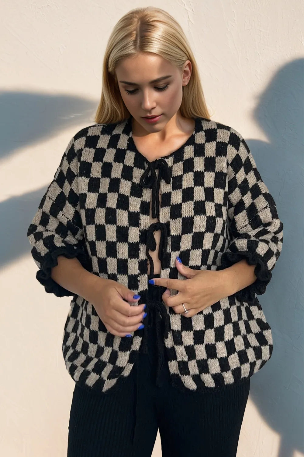 Double Take Tied Checkered Dropped Shoulder Flounce Sleeve Cardigan Black Easy Apparels