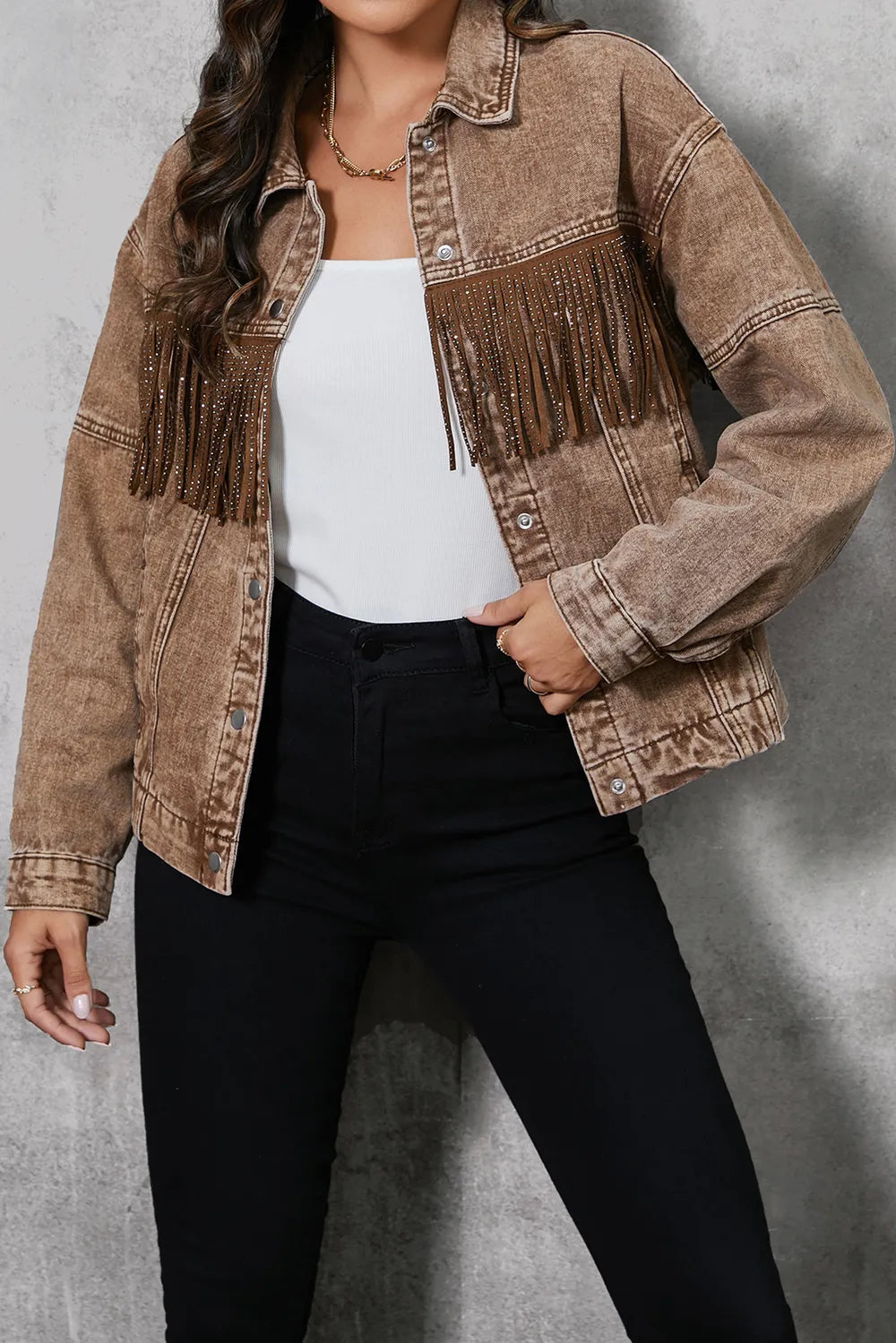 Fringe Trim Snap Down Denim Jacket Easy Apparels