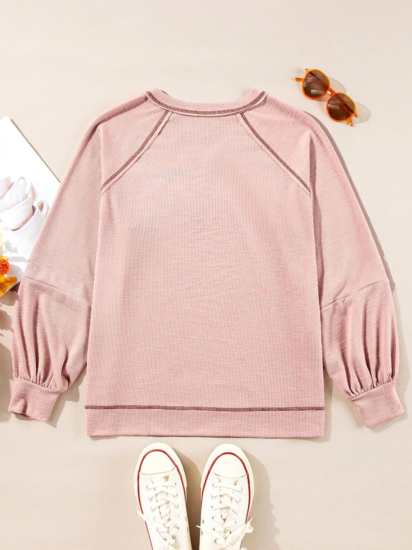 Trendsi Exposed Seam Ribbed Knit V Neck Top