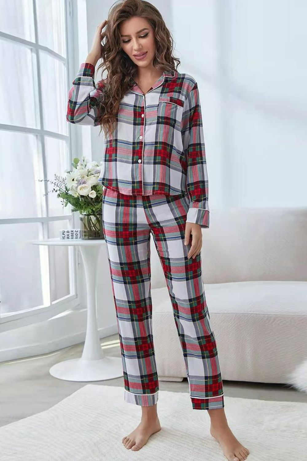 Plaid Button Front Top and Pants Lounge Set Easy Apparels