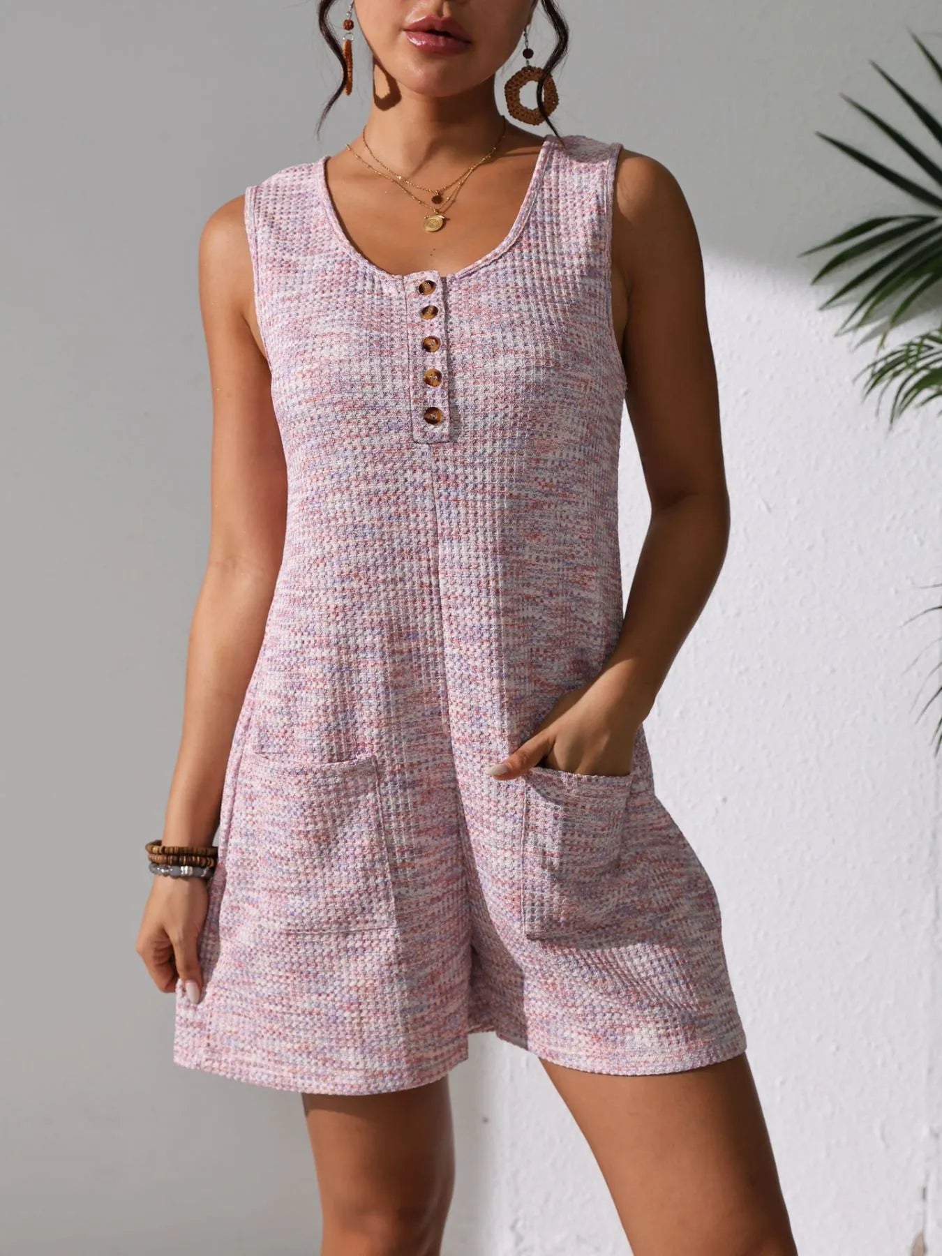 Full Size Button Front Romper with Pockets Plus Size Pink Easy Apparels