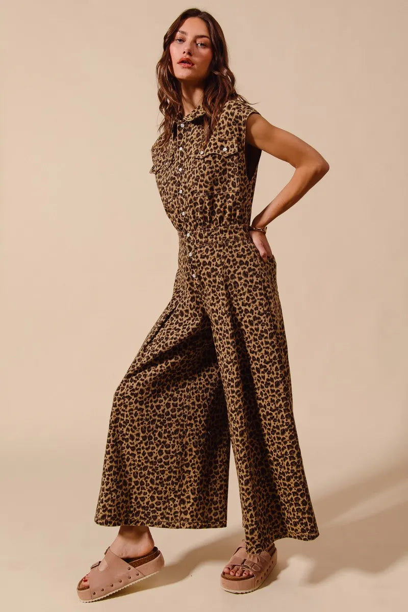 SO ME Wide Leg Leopard Twill Overalls Jumpsuit with Tuck Easy Apparels