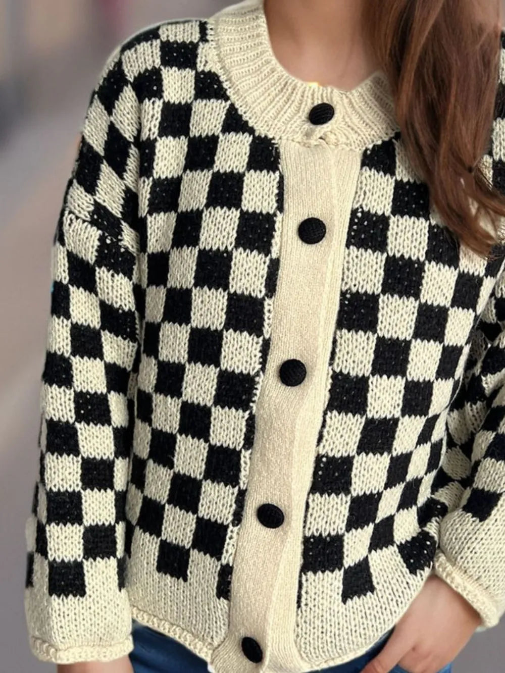 Checkered Button Up Round Neck Cardigan Easy Apparels
