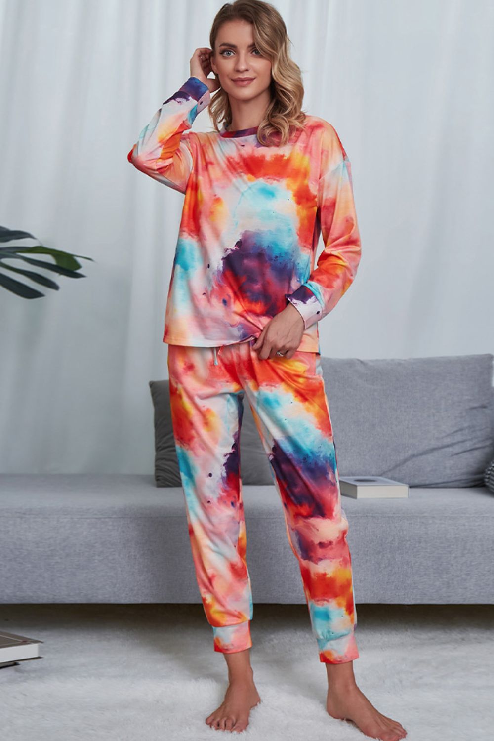 Shiny Tie-Dye Crewneck Top and Drawstring Waist Joggers Lounge Set Orange Easy Apparels