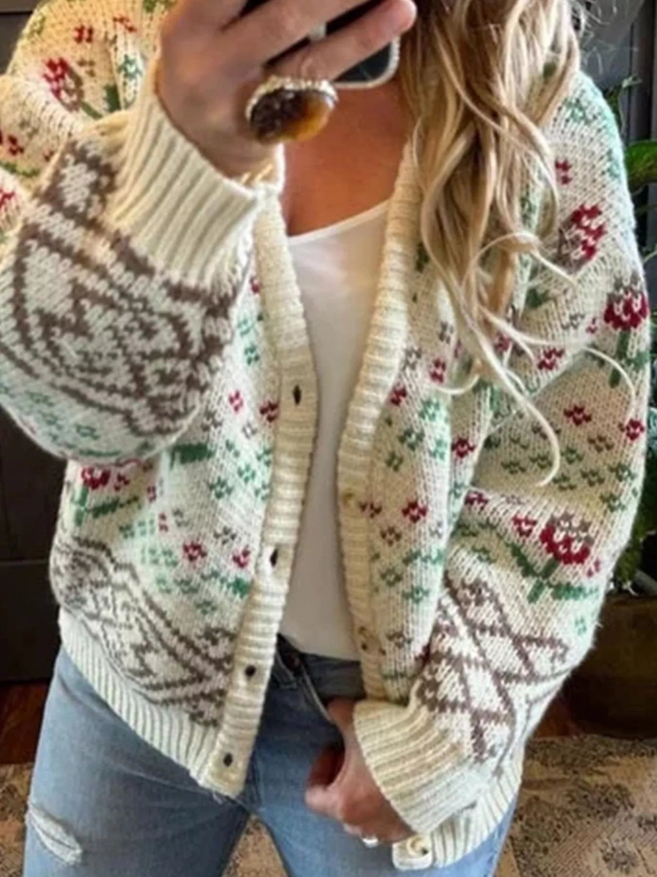 Floral Pattern Button-Up Cardigan Beige Easy Apparels