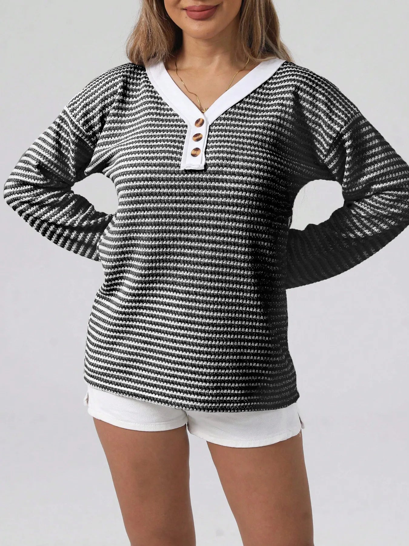 Trendsi Striped Button Detail Long Sleeve Top Gray