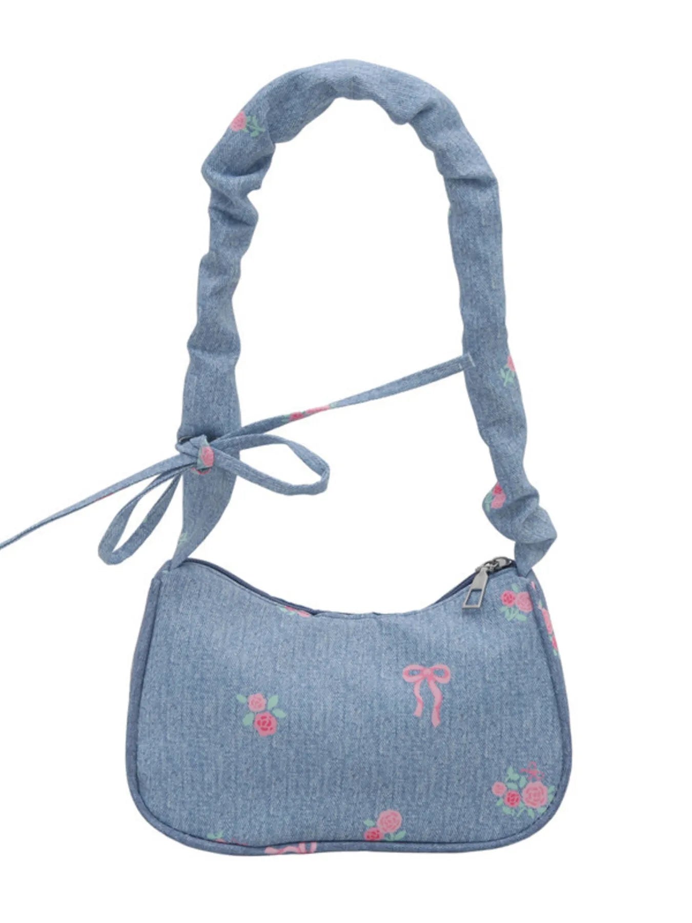 Embroidered Ruched Strap Shoulder Bag Light Blue One Size Easy Apparels