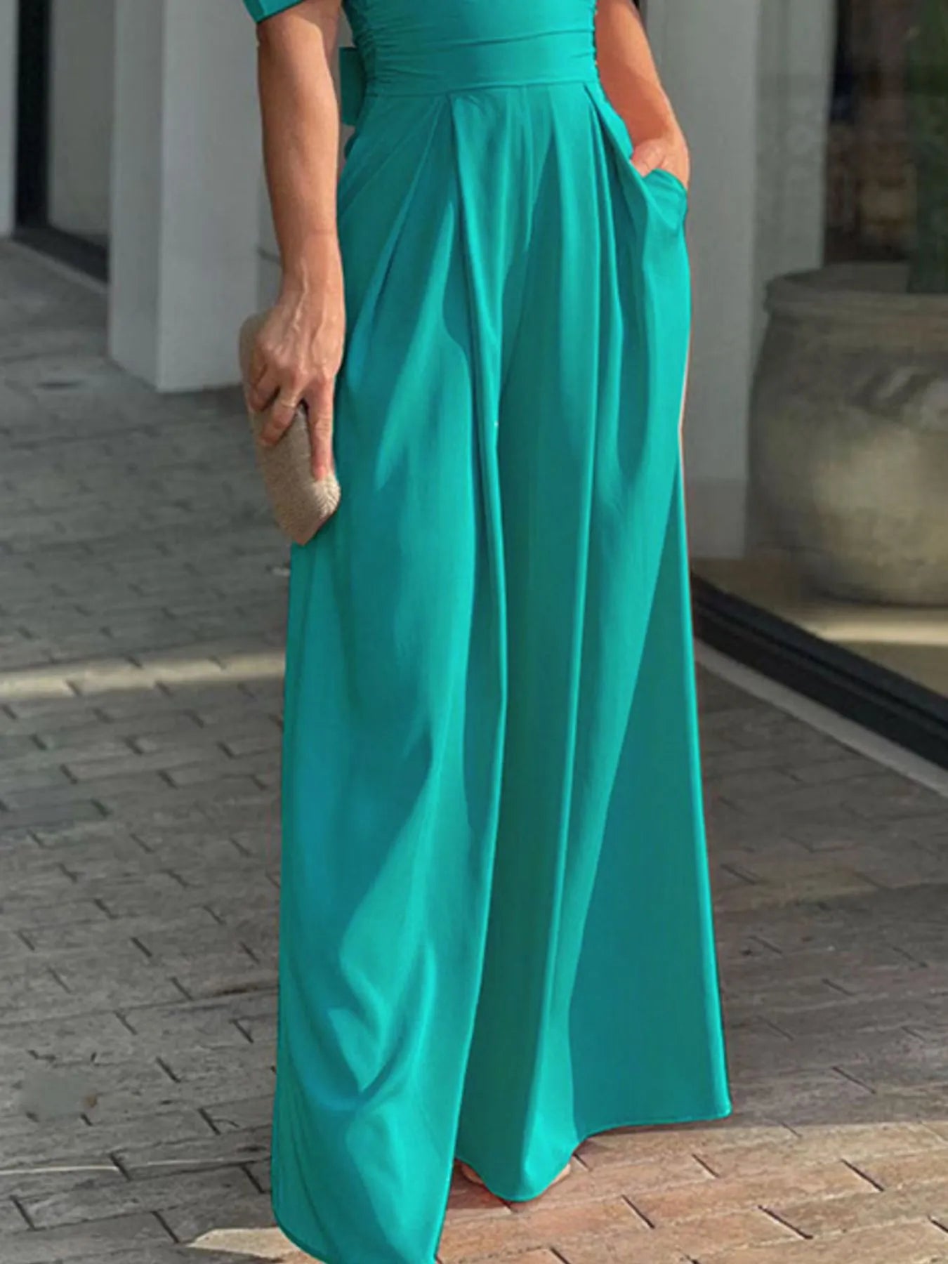 Full Size Cutout V-Neck Puff Sleeve Jumpsuit Plus Size Easy Apparels