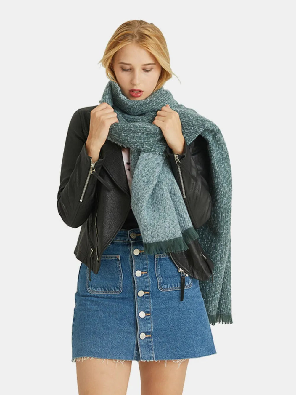 Raw Hem Heathered Polyester Scarf Deep Teal One Size Easy Apparels