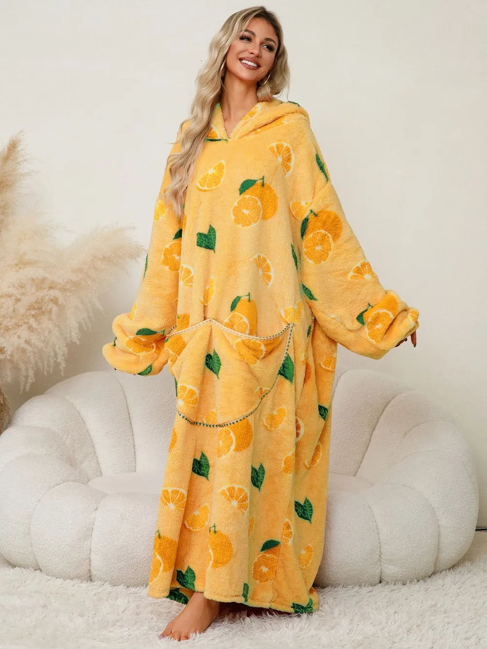 Fuzzy Pocketed Long Sleeve Hooded Lounge Dress Easy Apparels