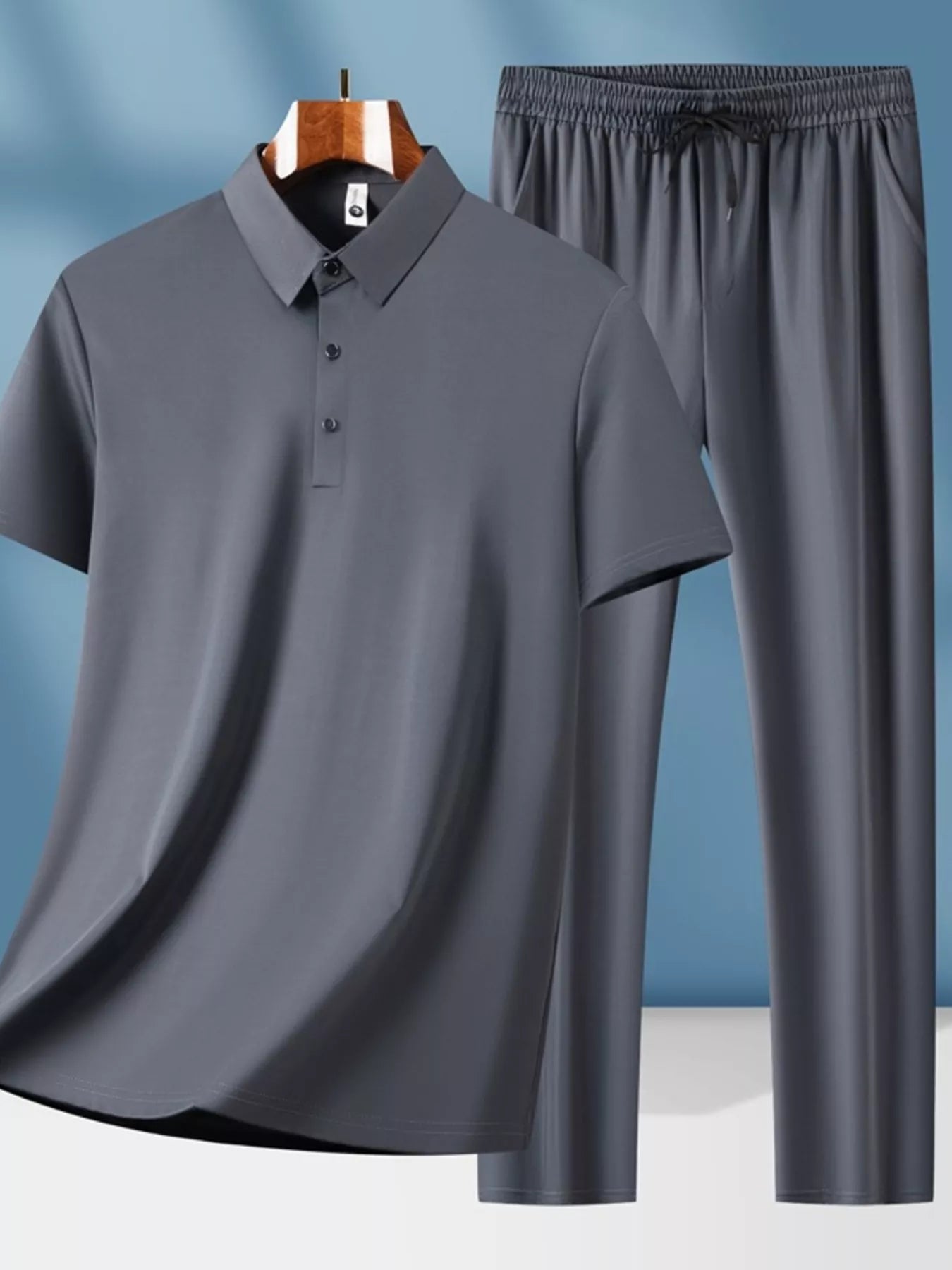 Men's Plus Size Button Detail Short Sleeve Top and Pants Set Dark Gray Easy Apparels
