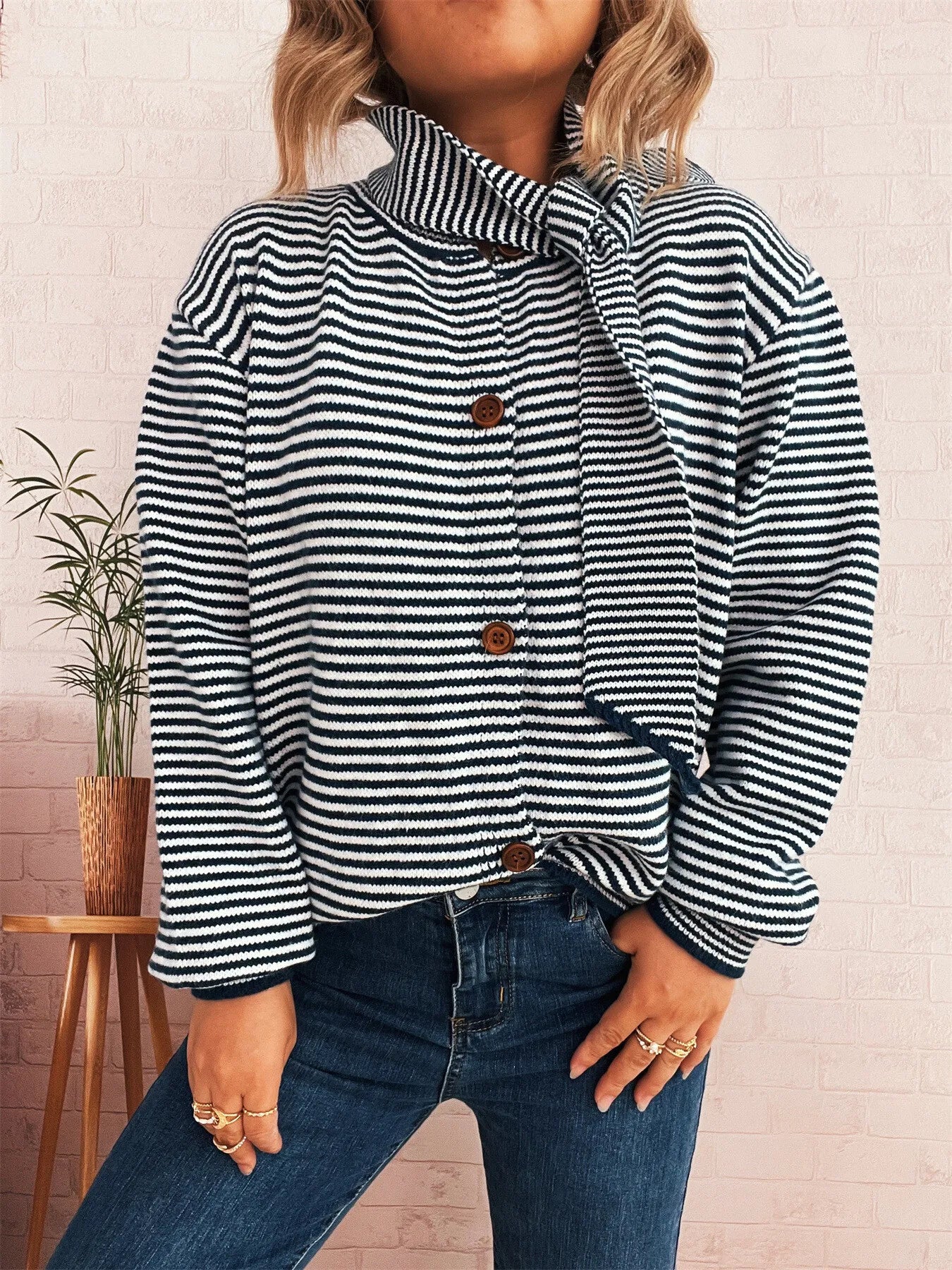 Striped Button Up Long Sleeve Cardigan Easy Apparels