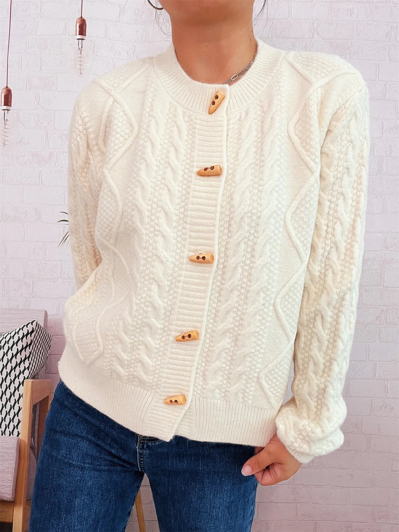 Cable Knit Button-Up Cardigan Easy Apparels