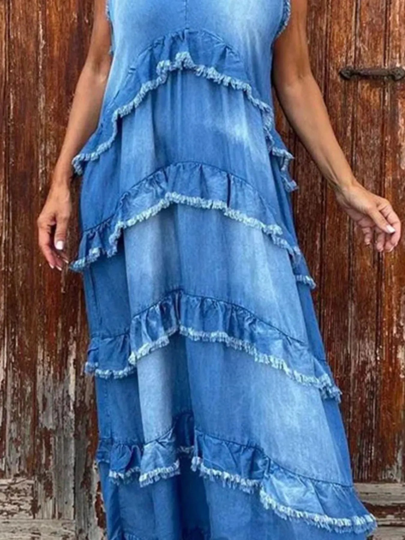 Raw Hem Layered Denim Maxi Dress Easy Apparels