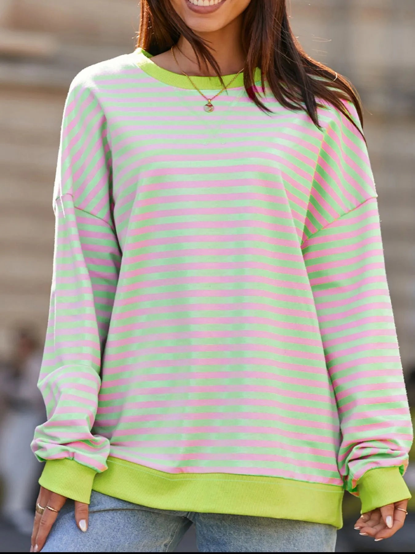 Trendsi Striped Contrast Ribbed Trim Drop Shoulder Sweatshirt