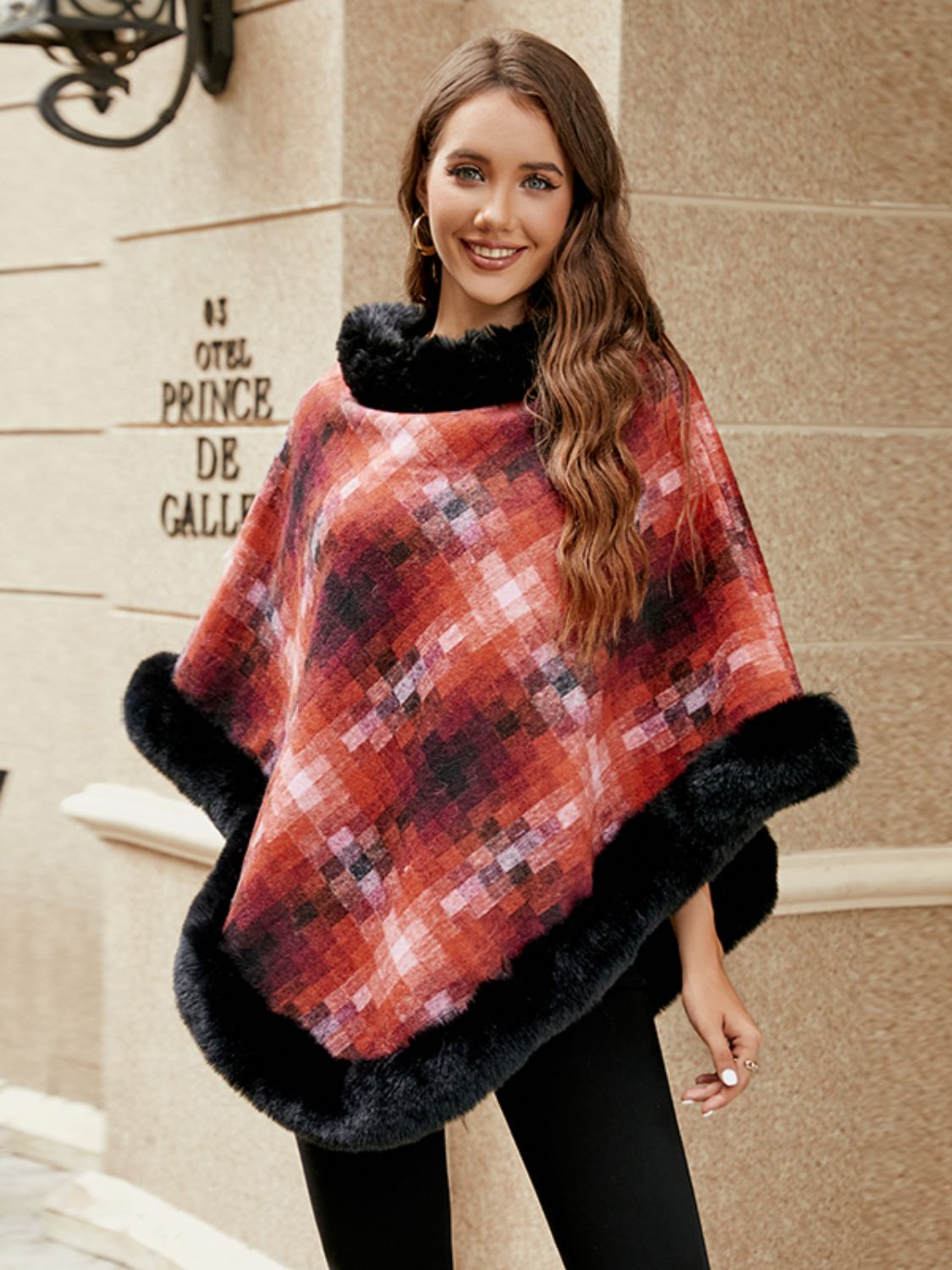 Faux Fur Trim Poncho Easy Apparels