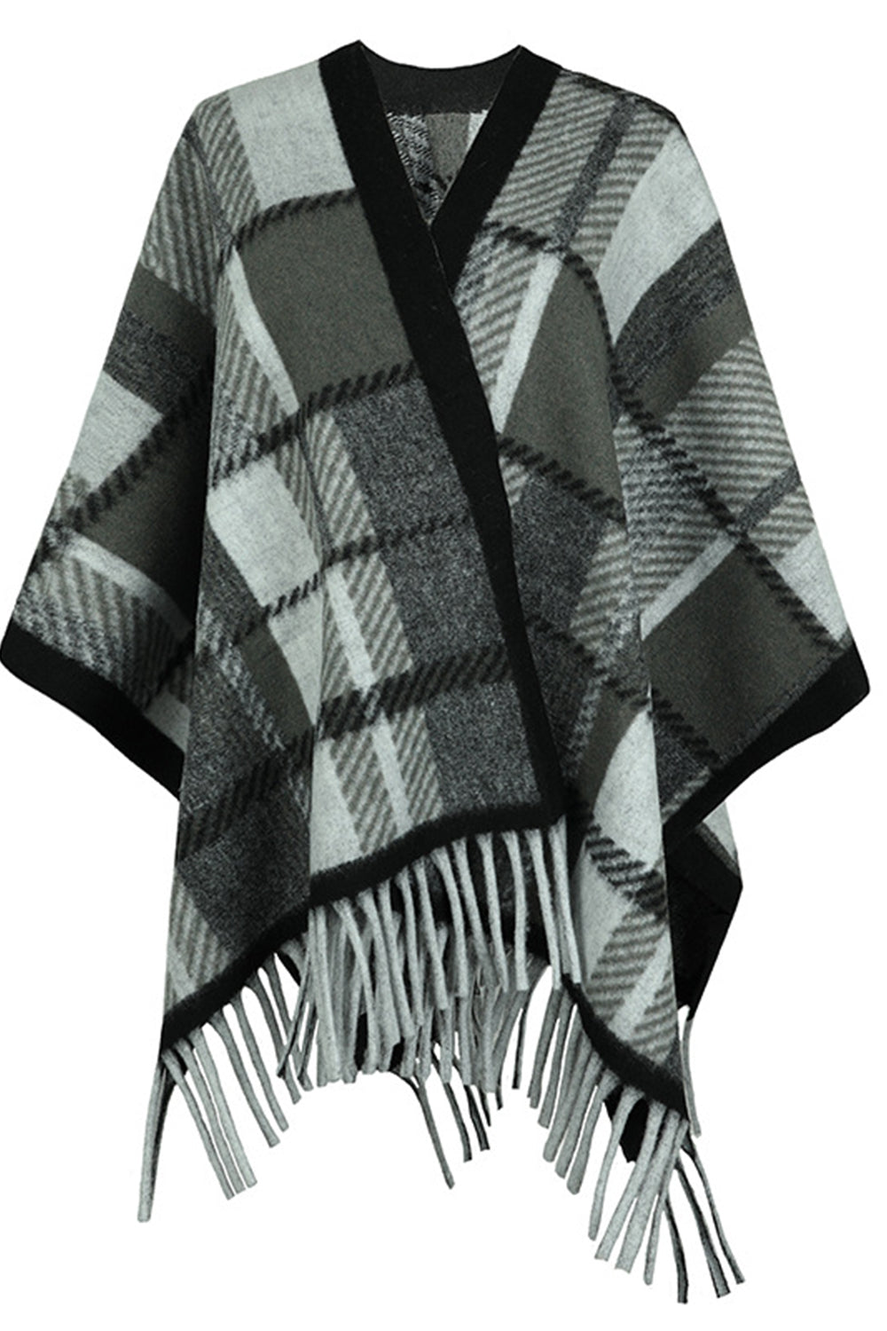 Cloak Sleeve Fringe Detail Poncho Charcoal One Size Easy Apparels