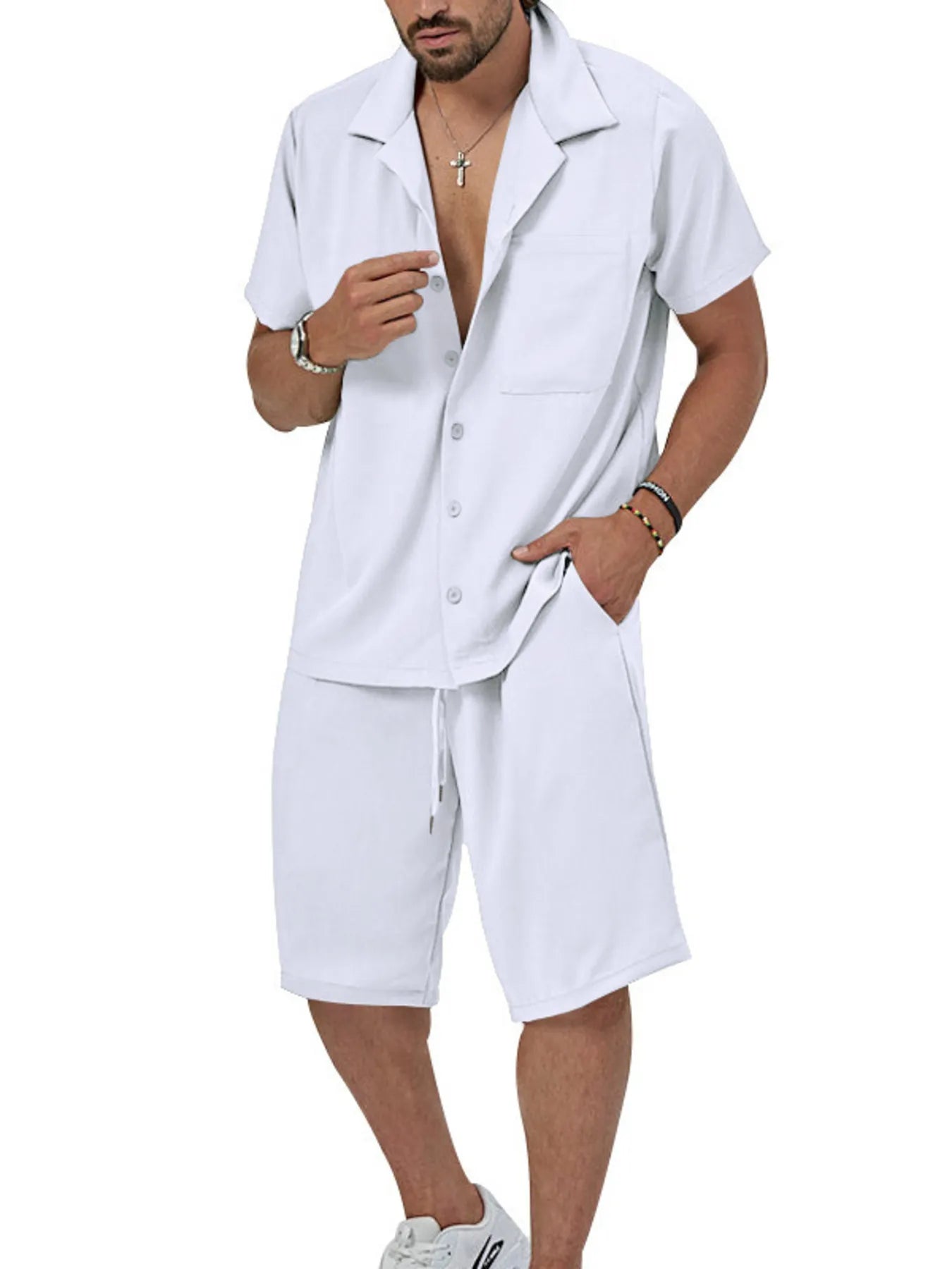 Men's Plus Size Button Up Short Sleeve Shirt and Shorts Set White Easy Apparels