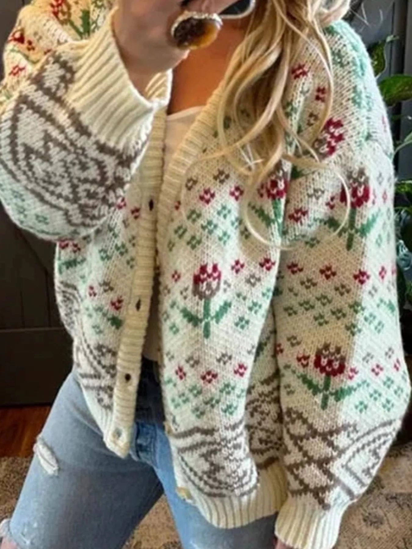 Floral Pattern Button-Up Cardigan Easy Apparels