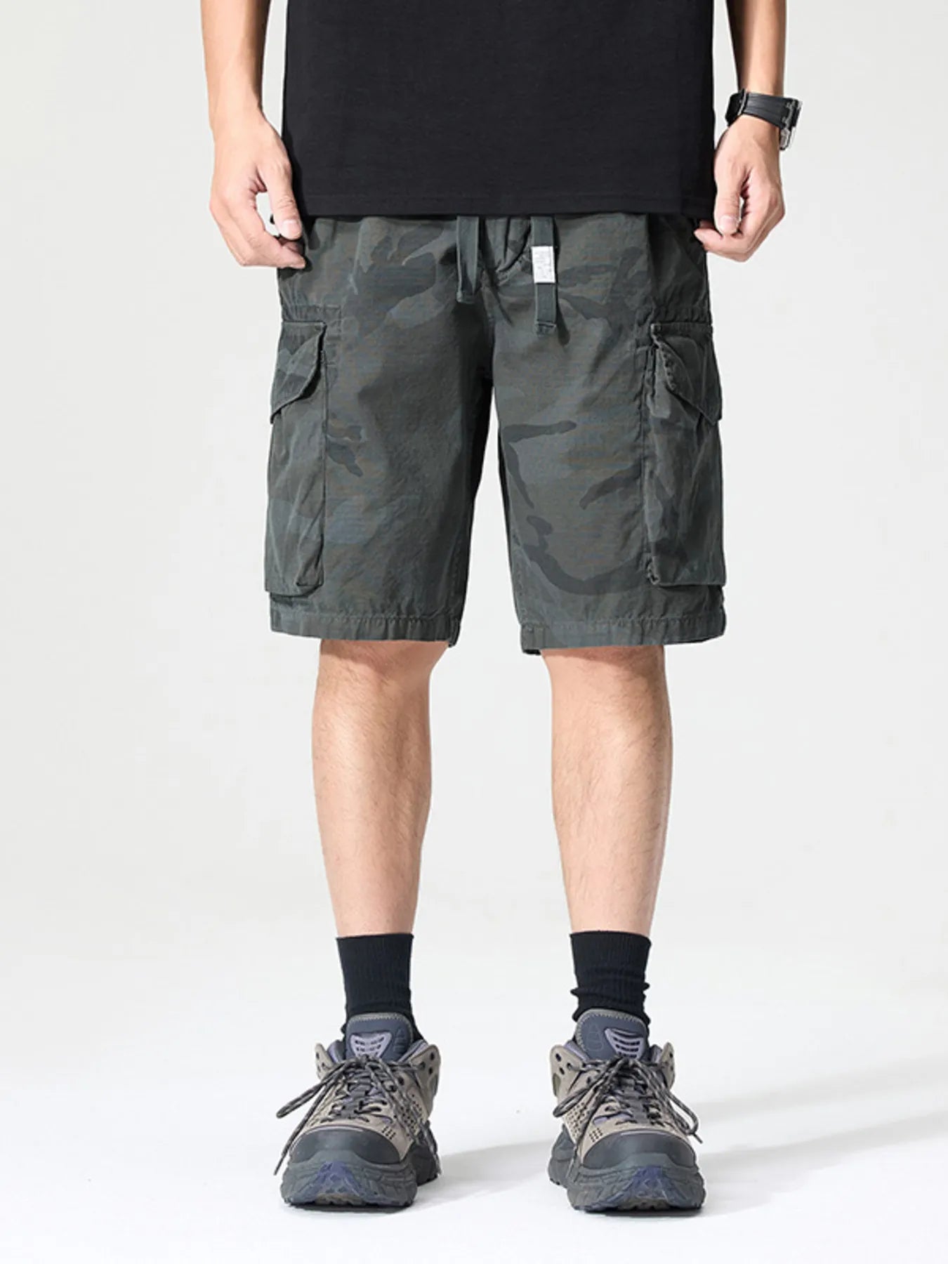 Men's Full Size Drawstring Cargo Shorts Plus Size Camouflage Dark Gray Easy Apparels