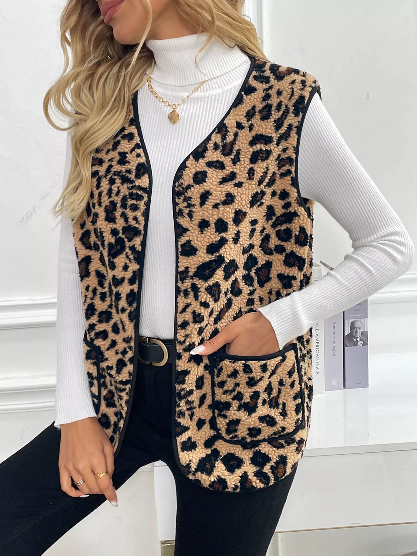 Leopard Fleece Vest Coat with Pockets Easy Apparels