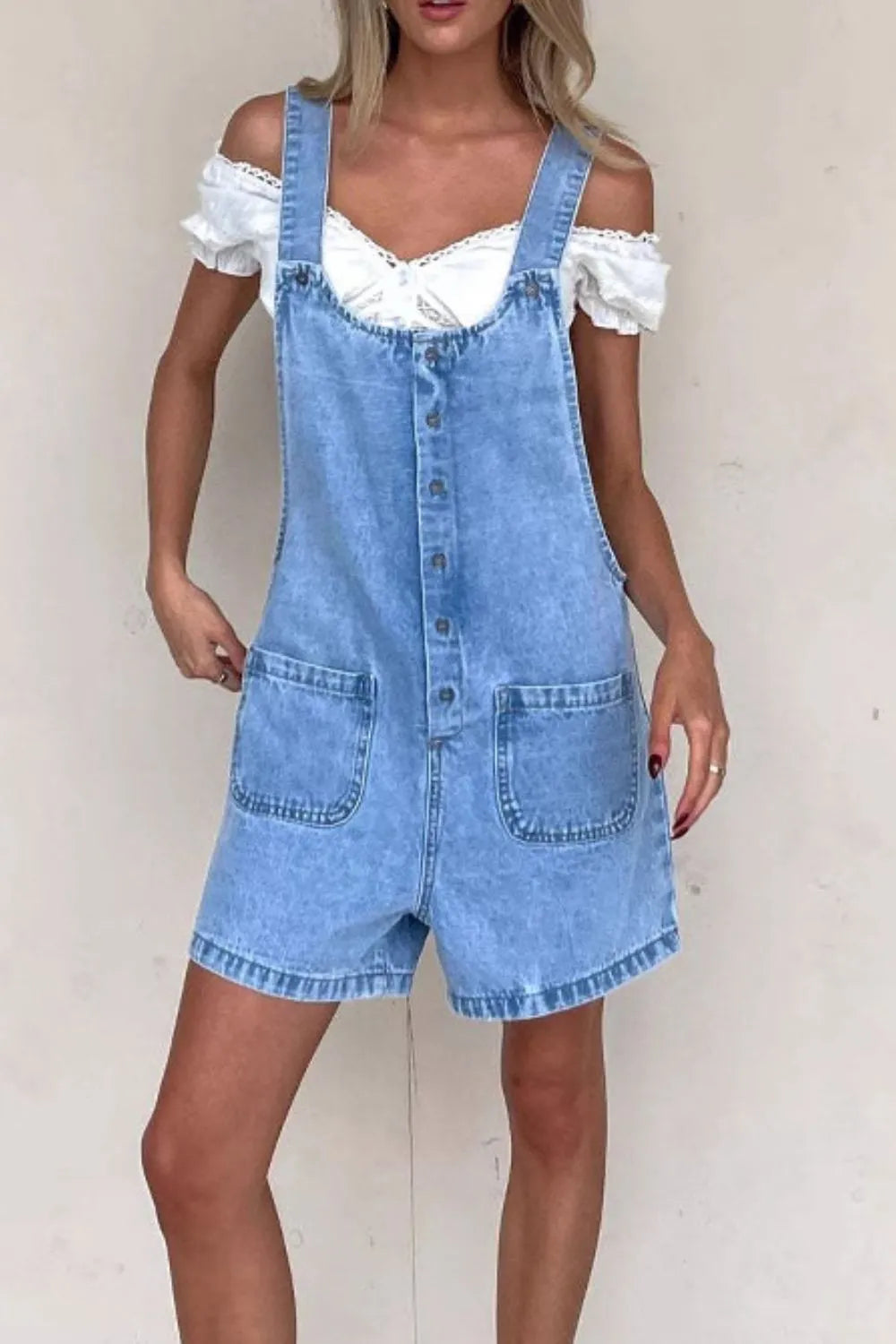 Button Front Denim Overall Shorts with Front Pockets Easy Apparels