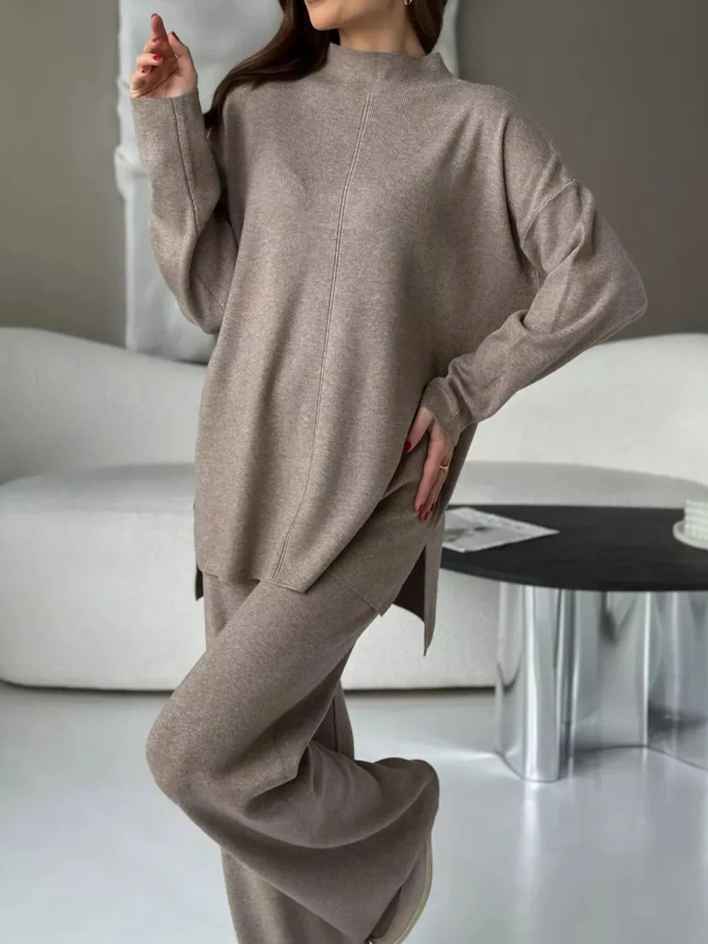 Slit Mock Neck Top and Pants Sweater Set Mocha Easy Apparels