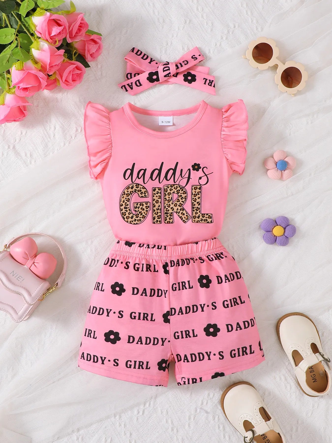 Children's Headband Letter Ruffle Sleeve Top and Shorts 3-Piece Set Pink Easy Apparels