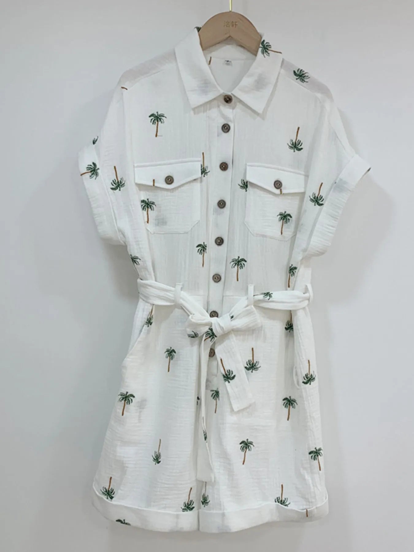 Palm Tree Print Short Sleeve Button-Up Romper with Belt Easy Apparels