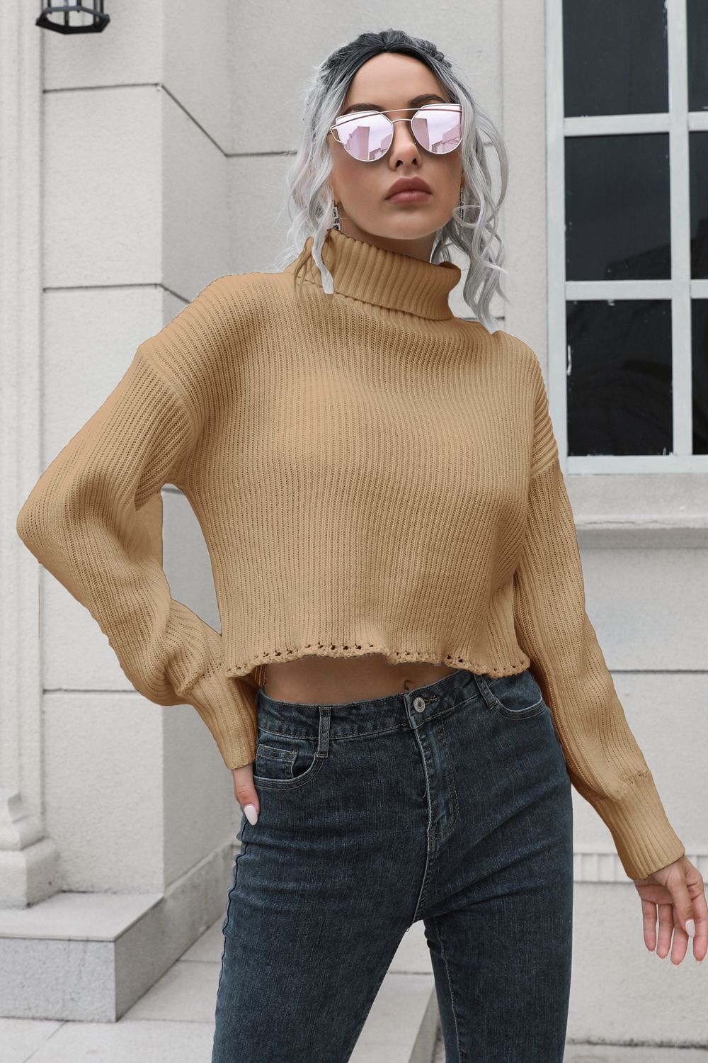 Turtleneck Dropped Shoulder Sweater Camel Easy Apparels