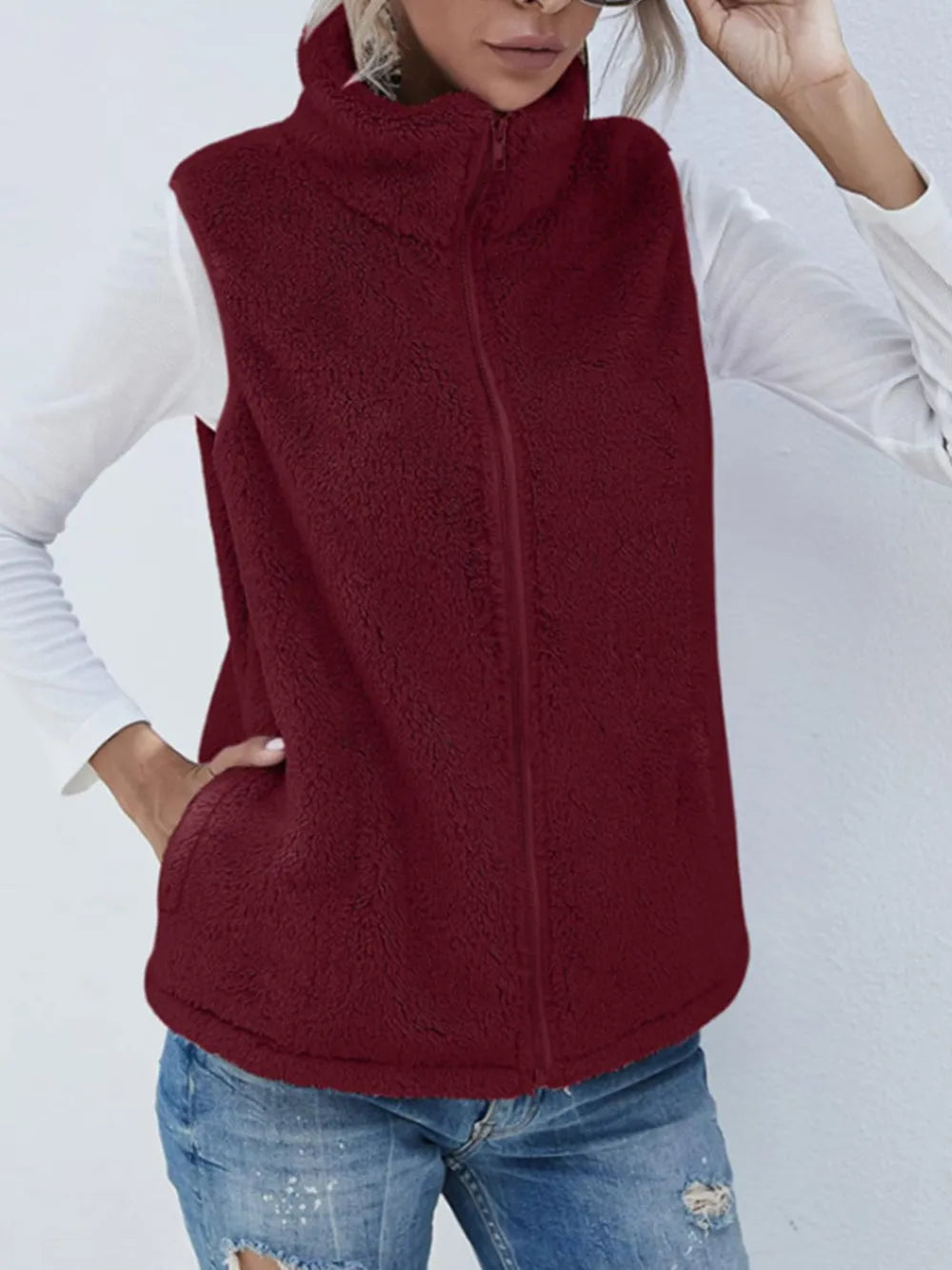 Full Size Fuzzy Zip Up Vest Coat with Pockets Burgundy Easy Apparels