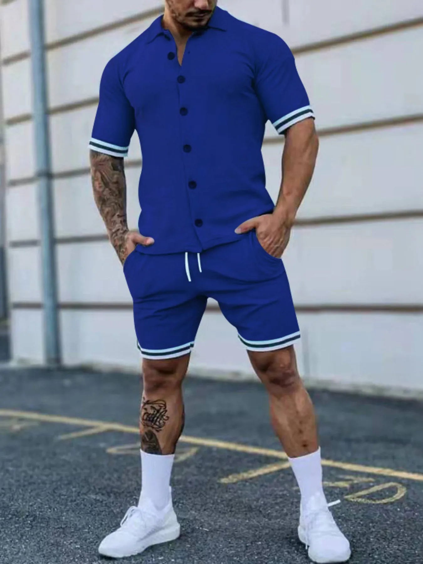 Men's Full Size Striped Hem Button Up Top and Shorts Set Plus Size Royal Blue Easy Apparels