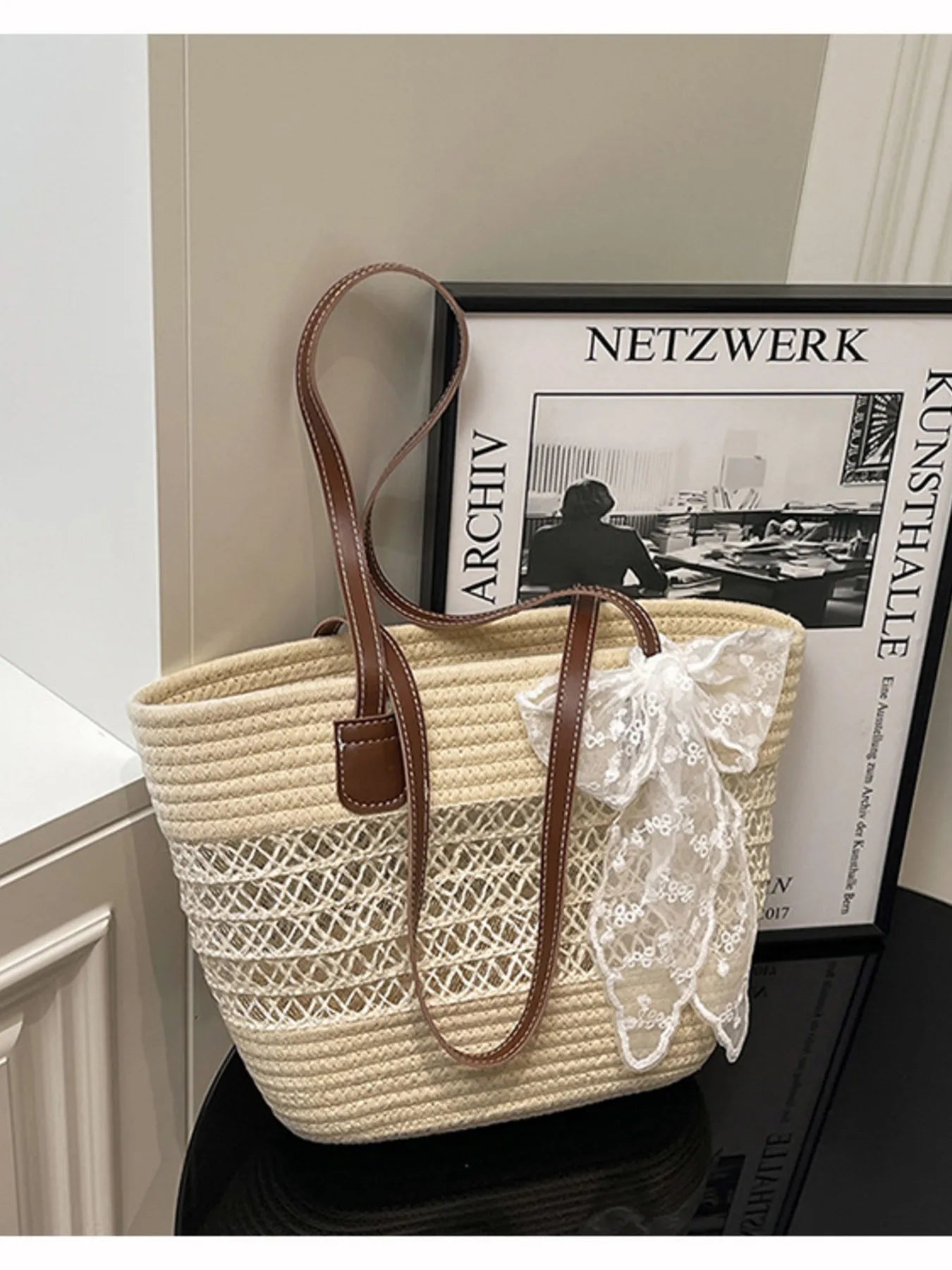 Woven Straw Shoulder Bag Beige One Size Easy Apparels