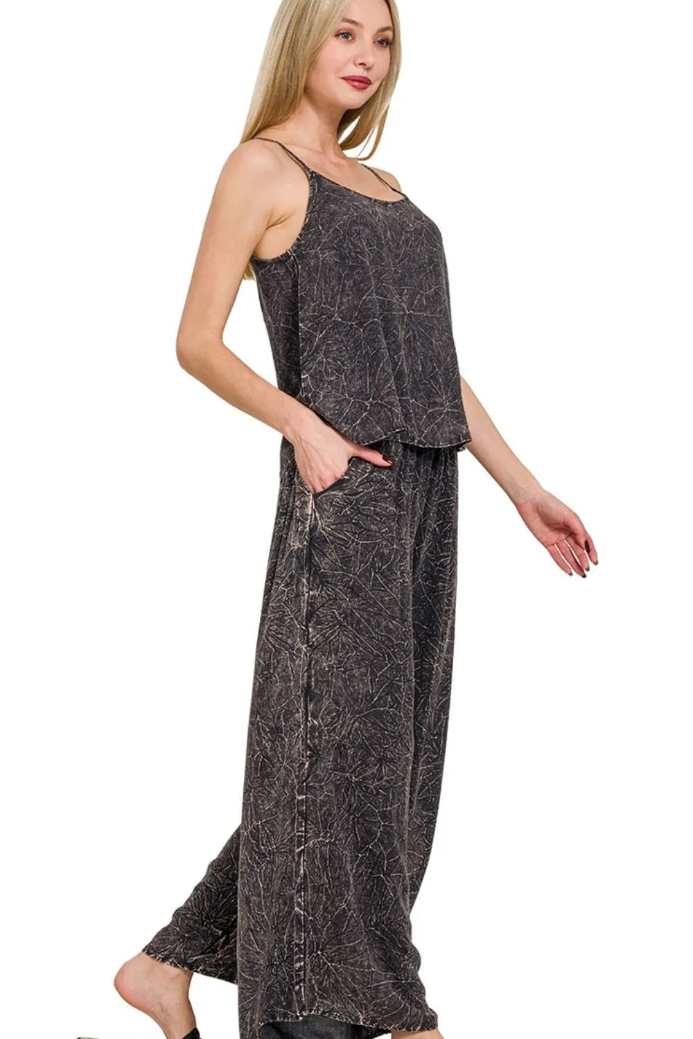 Zenana Woven Acid Crinkle Washed Cami & Pants 2 Piece Set Easy Apparels