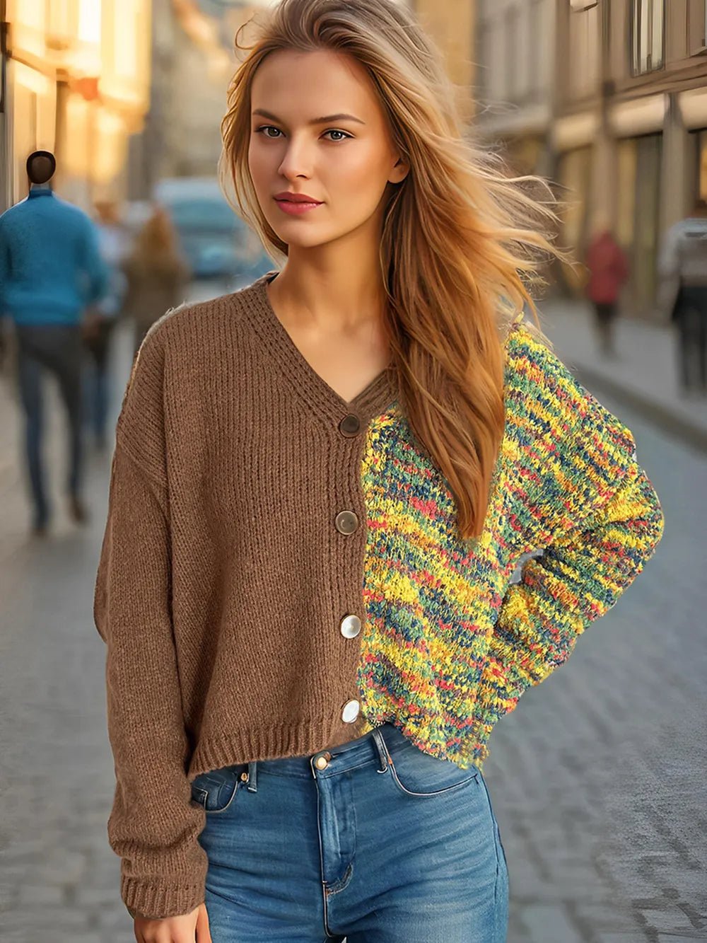 Contrast Button Up V-Neck Cropped Cardigan Caramel One Size Easy Apparels