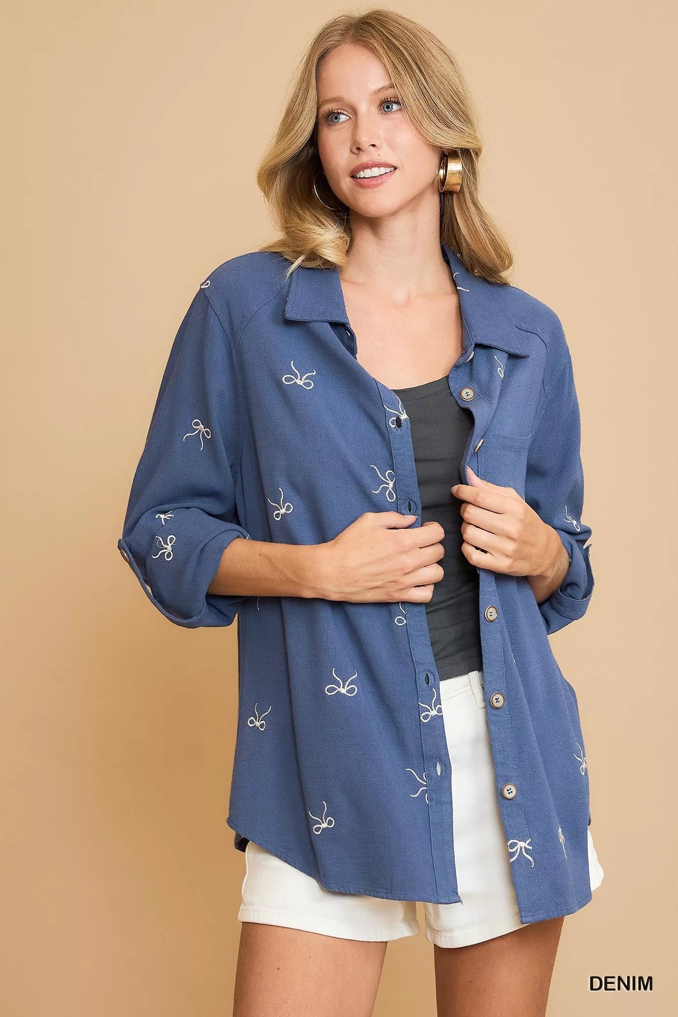 Umgee Linen Blend Fitted Shirt with Ribbon Embroidery Details Easy Apparels
