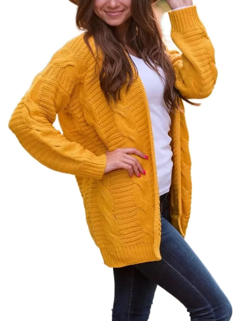 Cable-Knit Open Front Long Sleeve Cardigan Easy Apparels