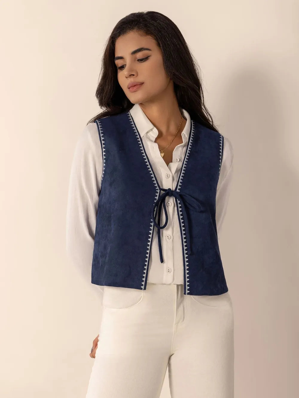 Tied Contrast Trim Vest Easy Apparels