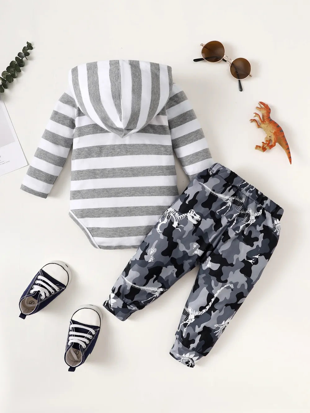 Children's Striped Hooded Bodysuit and Camouflage Pants Set Easy Apparels