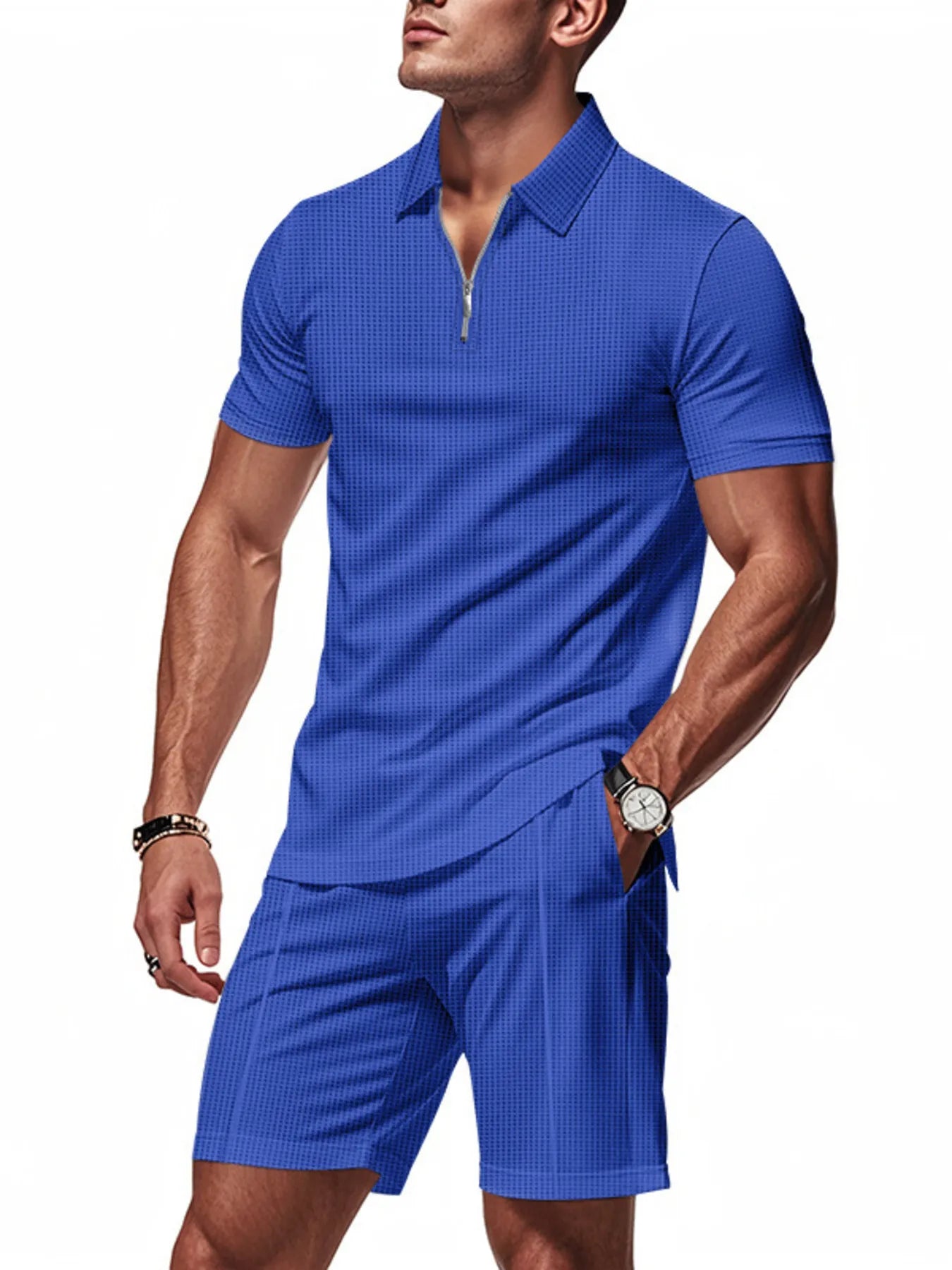 Men's Plus Size Quarter Zip Short Sleeve Top and Shorts Set Dark Blue Easy Apparels